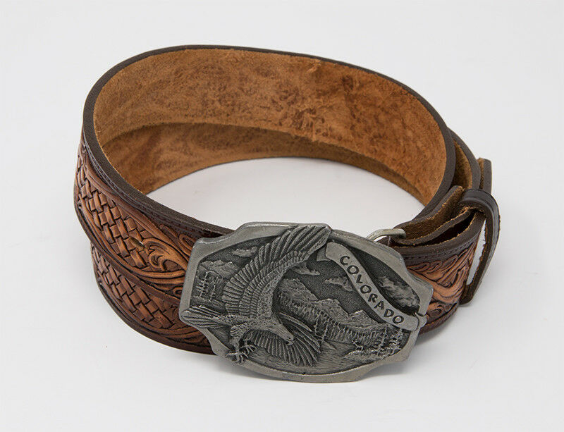 Colorado Leather Tooled Belt and Buckle, 38