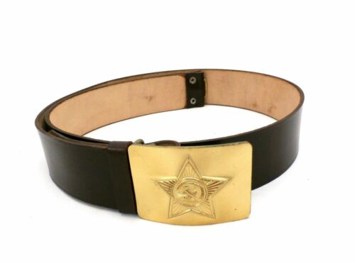 Vintage Mens Brown Leather Belt W Big Brass USSR Navy Buckle New Never Used