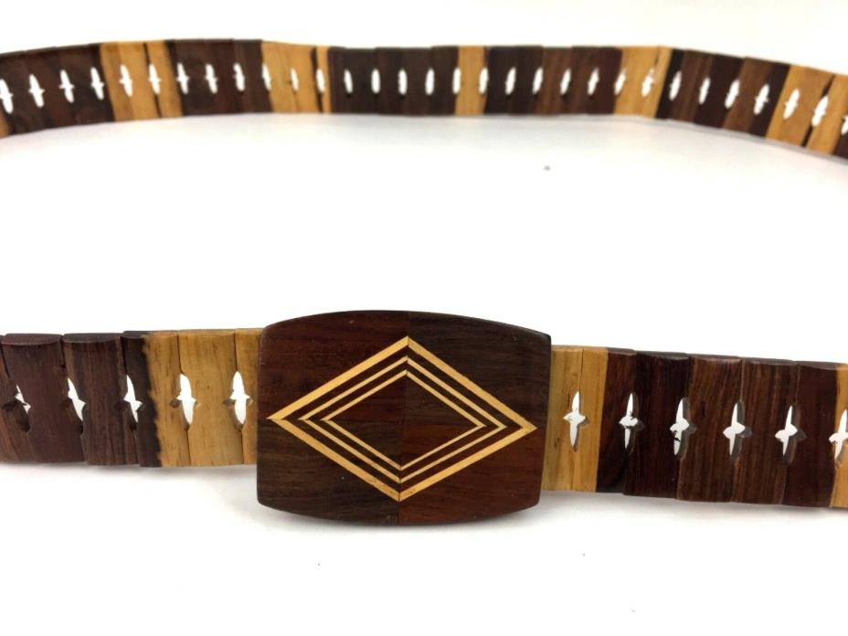 Vintage Hand Crafted Wooden Belt Inlaid Wood Buckle Adjustable up to 40