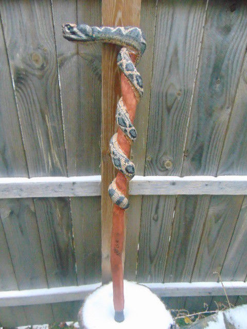 Hand Carved/Painted  Wood Rattle Snake Walking Cane or Stick ~ Folk Art