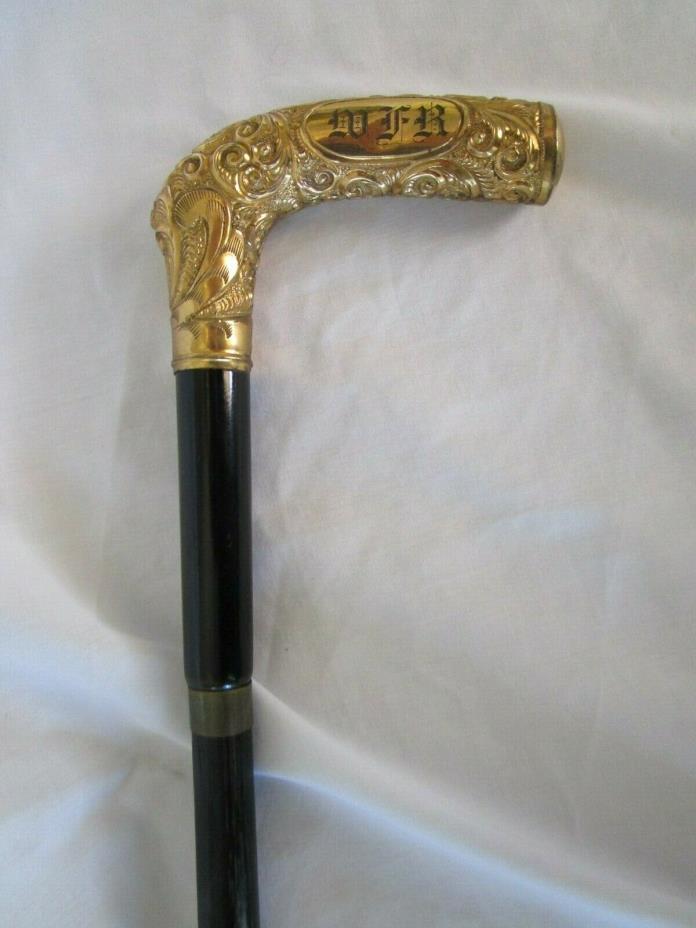 Antique 19th C Fancy Gold Filled Walking Stick Cane- Ebony