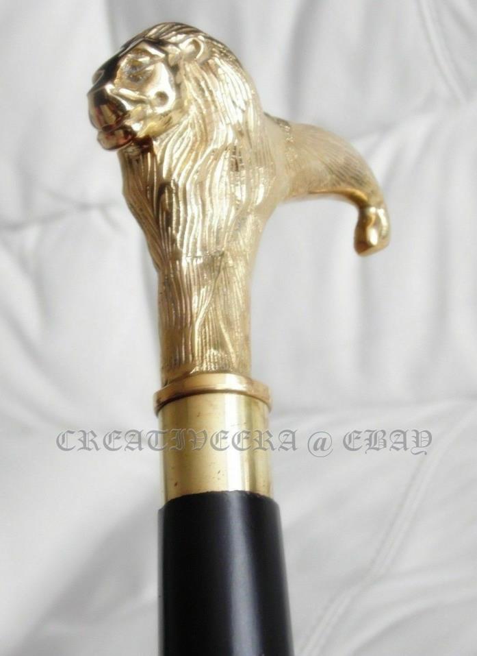 Solid Brass Lion head Handle Vintage Designer Wooden Walking Stick Cane Antique