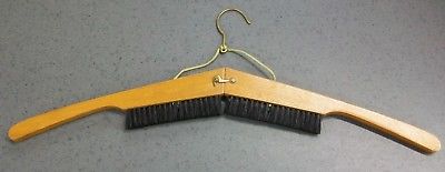 VTG hinged folding wood clothes hanger w built in brush for brushing clothing