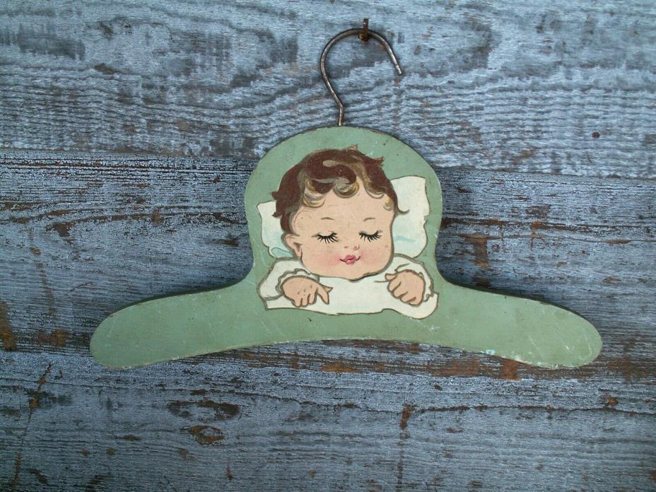 Vintage Childs Wooden Clothes Hanger Original Paint Hand Painted Baby Nursery 2