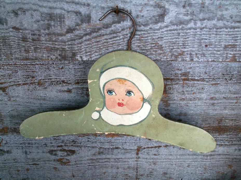 Vintage Childs Wooden Clothes Hanger Original Paint Hand Painted Baby Nursery 1