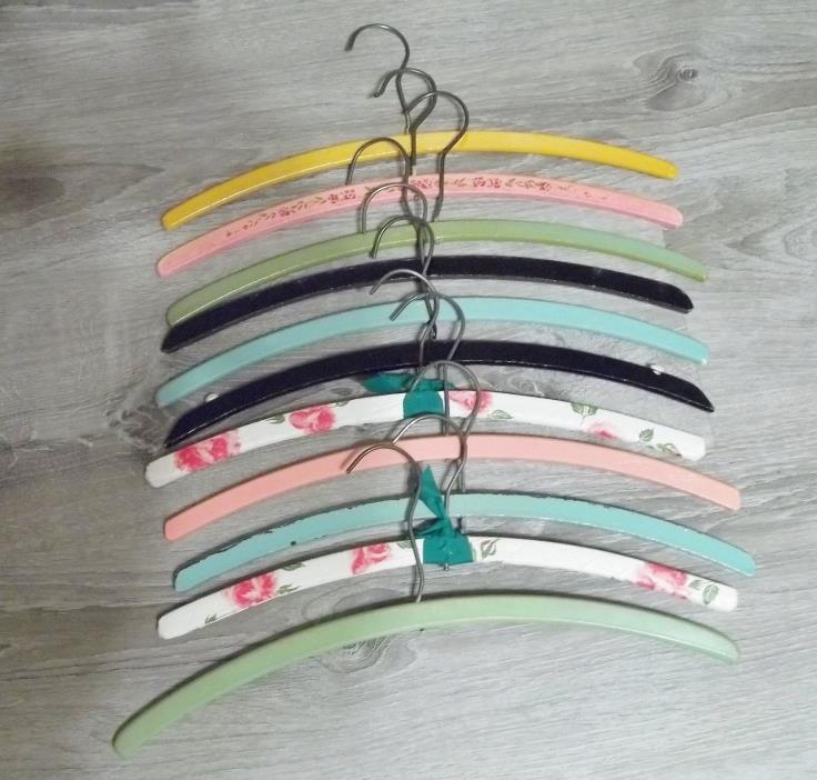 9- Vintage Wood Painted Clothing Hangers +  2 Quilted Hangers-  11 Hangers Total