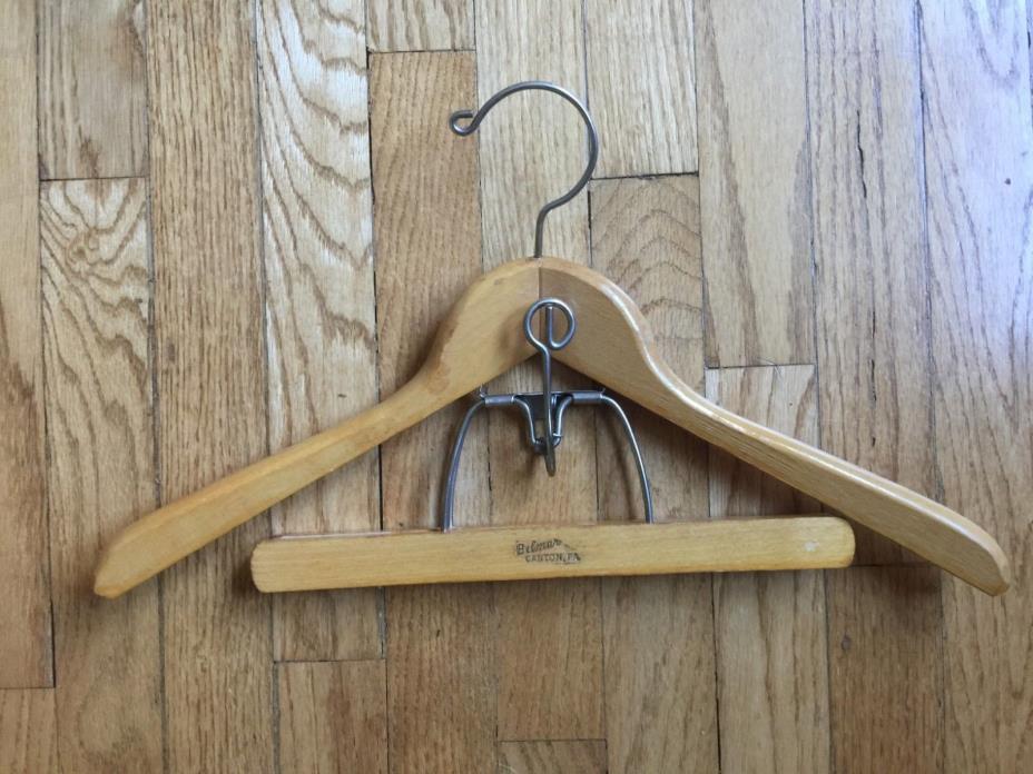 Vintage Wooden Suit Hanger BELMAR, Canton, PA Curved Wide Ends Felt Lined Clamp