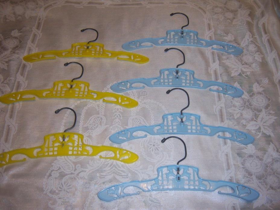 7 Vintage Baby Hangers 4  Blue & Yellow Plastic w/ Lambs