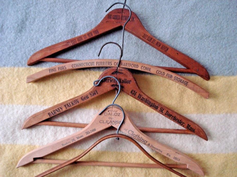 Vtg Wooden Advertising CT & MA HANGER Lot Coat/Clothes Fur/Tailor Boston Ad/Adv
