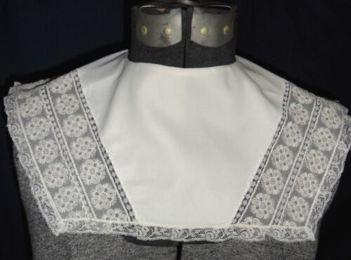Vtg White LACE 6” Wide SQUARE Dress COLLAR Embroidered FLOWERS Ruffled Edge