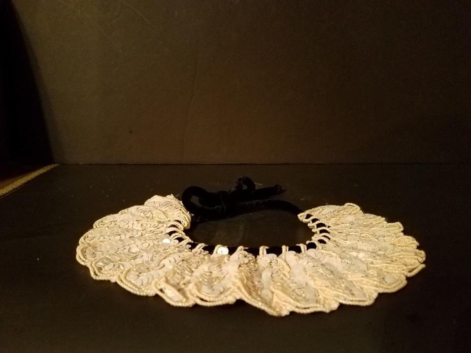 CROCHETED COLLAR WITH SEQUIN TRIM -BLACK VELVET CORD FOR TIE