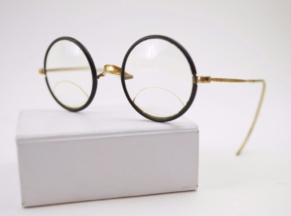 VINTAGE WINDSOR Eyeglass Frames  Black & Gold Round Eyeglasses Bifocals Rx Lens