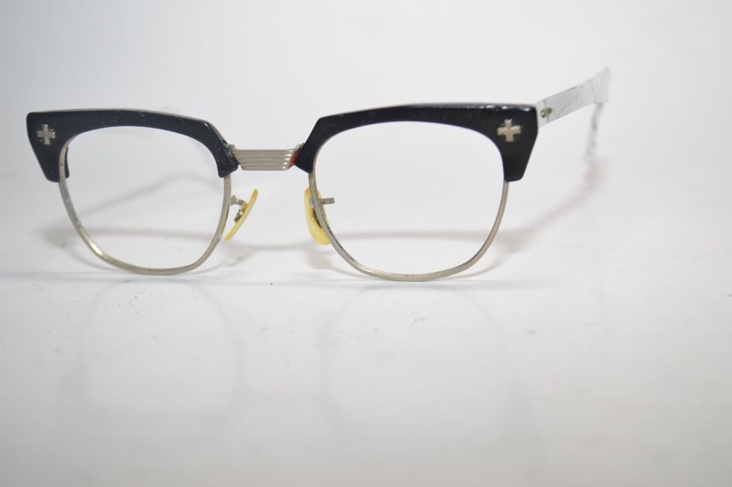 Vintage Bausch + Lomb Safety Eyeglass Frames Browline Horn Rim Black/Silver Tone