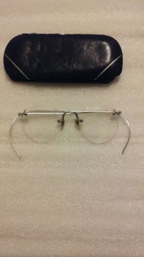 Vtg Silver Tone A.O. 1/10 12K G. F. Antique Rimless Glasses W/Covered Metal Case