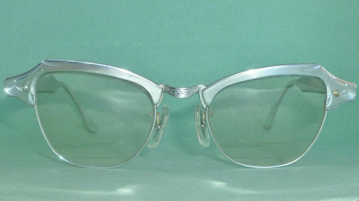 Bausch & Lomb Cateye Vintage Eyeglasses B & L 12K GF Silver Tone Alum Etched