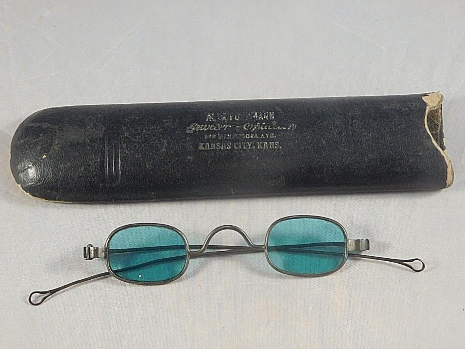 ANTIQUE MID 1800s EYEGLASSES BLUE LENS SCROLL BRIDGE STRAIGHT ARMS TEARDROP LOOP