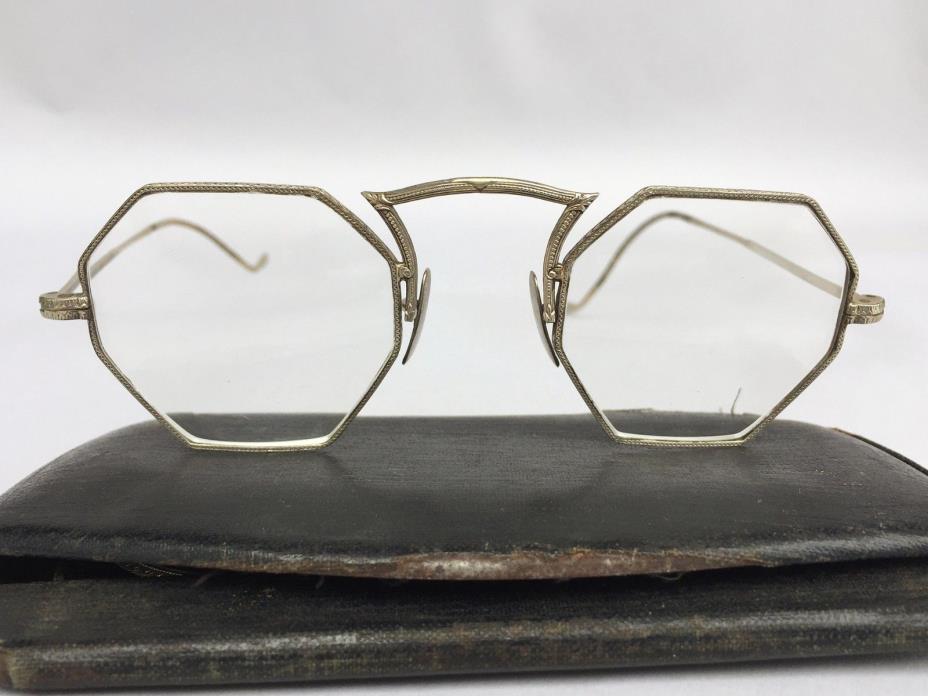 Vintage Antique OCTAGONAL Full Rim 10k White Gold Glasses Eyeglasses ART NOUVEAU