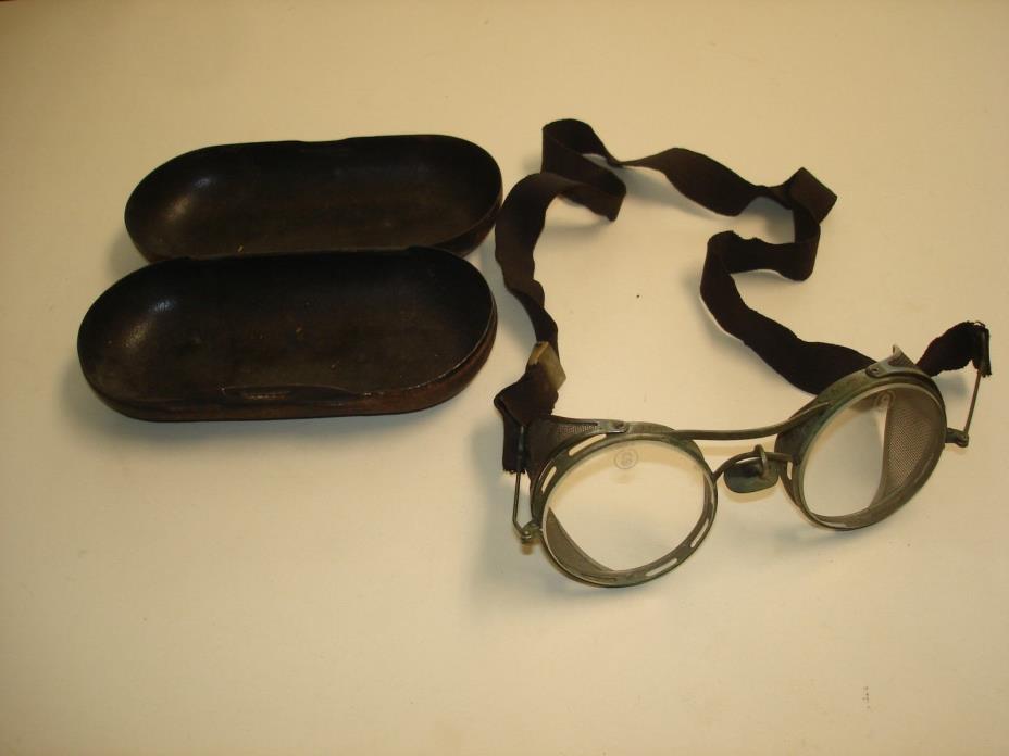 ANTIQUE SANIGLASS KINGS SAFETY MOTORCYCLE GLASSES GOGGLES STEAMPUNK AND CASE
