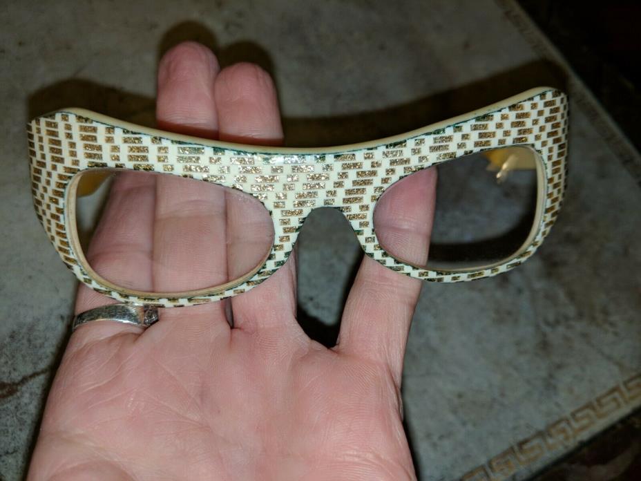 Antique Vintage Cat Eye Thick Wide Frames Retro Plastic Glasses Gold Flecks