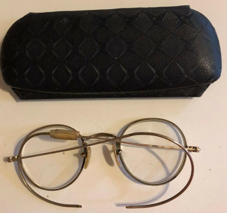 Antique Vintage Shuron Metal Round Eyeglasses w Case