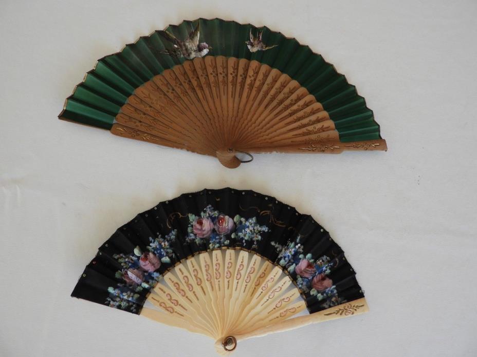 Vintage 2 Fans Green Birds Black Floral