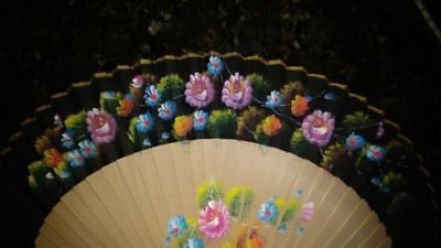 Vintage Espana Wooden Folding Hand Painted Flowers Hand Fan Spain