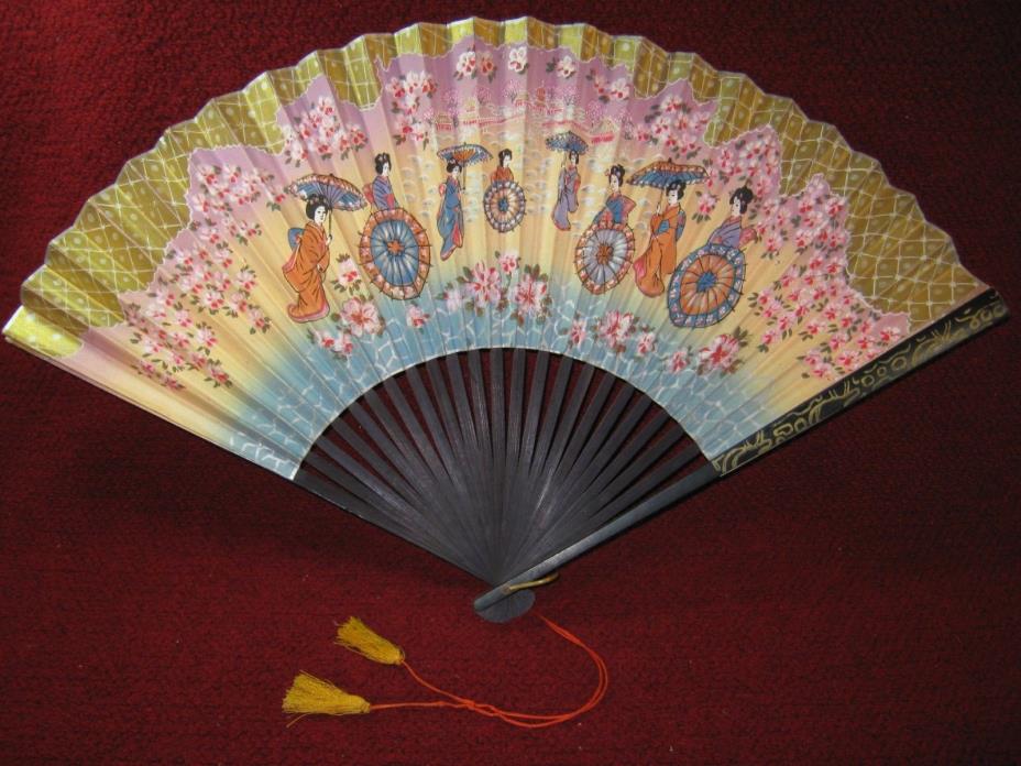 Vintage Hand Fan Parasols Among Cherry Blossoms Large Sized 14