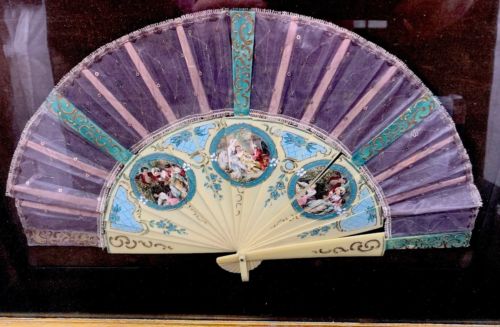 antique victorian net lace hand fan In framed case