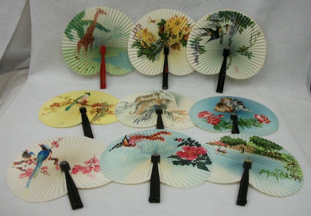 Estate Lot of 9 Vintage Folding Hand Fans Giraffe Birds Tigers Cats Scenic