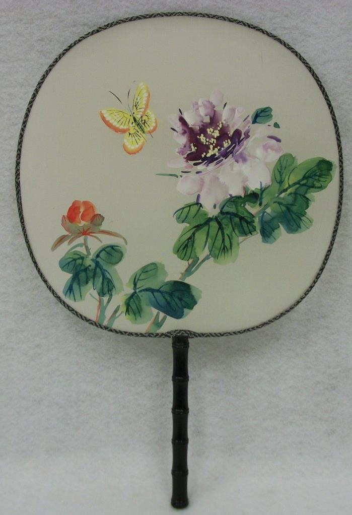 Vintage Hand Painted Flowers Butterfly on Silk Hand Fan - Estate Purchase