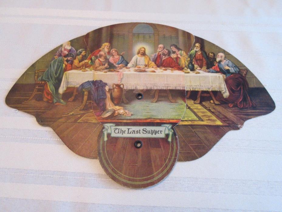 ANTIQUE TRI-FOLD PAPER HAND FAN OF THE LAST SUPPER