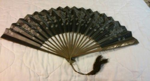 VINTAGE Carved Wood and Paper Folding Fan With Tassle Japan
