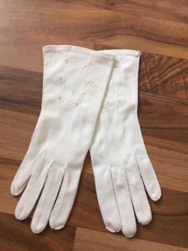 Vintage Lady Gay floral embroidered pearl embellished gloves 10 3/4