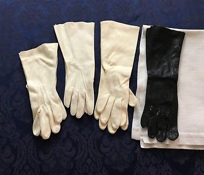 Vintage lot of 4 Womens Dress Gloves Black Leather Ivory Double Woven Cotton G80