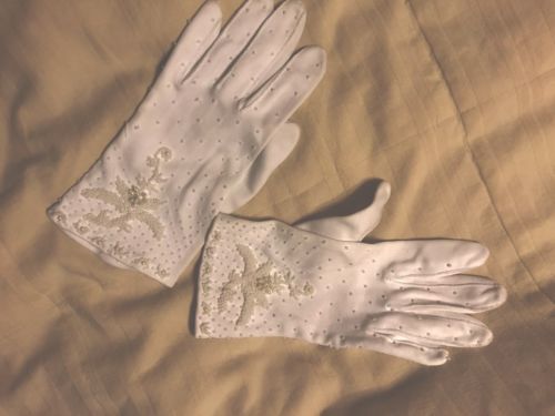 Vintage Pair Of Elegant  Dress Cotton Gloves With Faux Seed Pearls