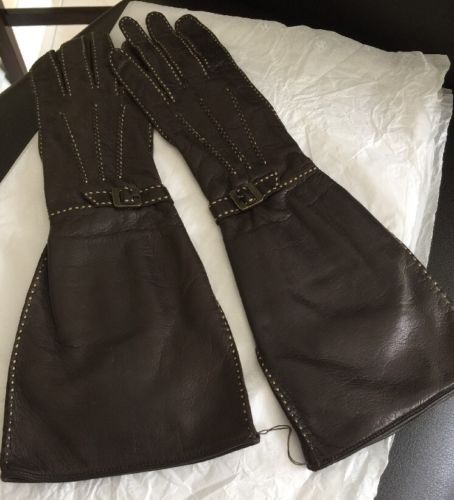 Chanel Brown Kid Leather Long Musketeer Gloves with Signed Buckle Size 6 New
