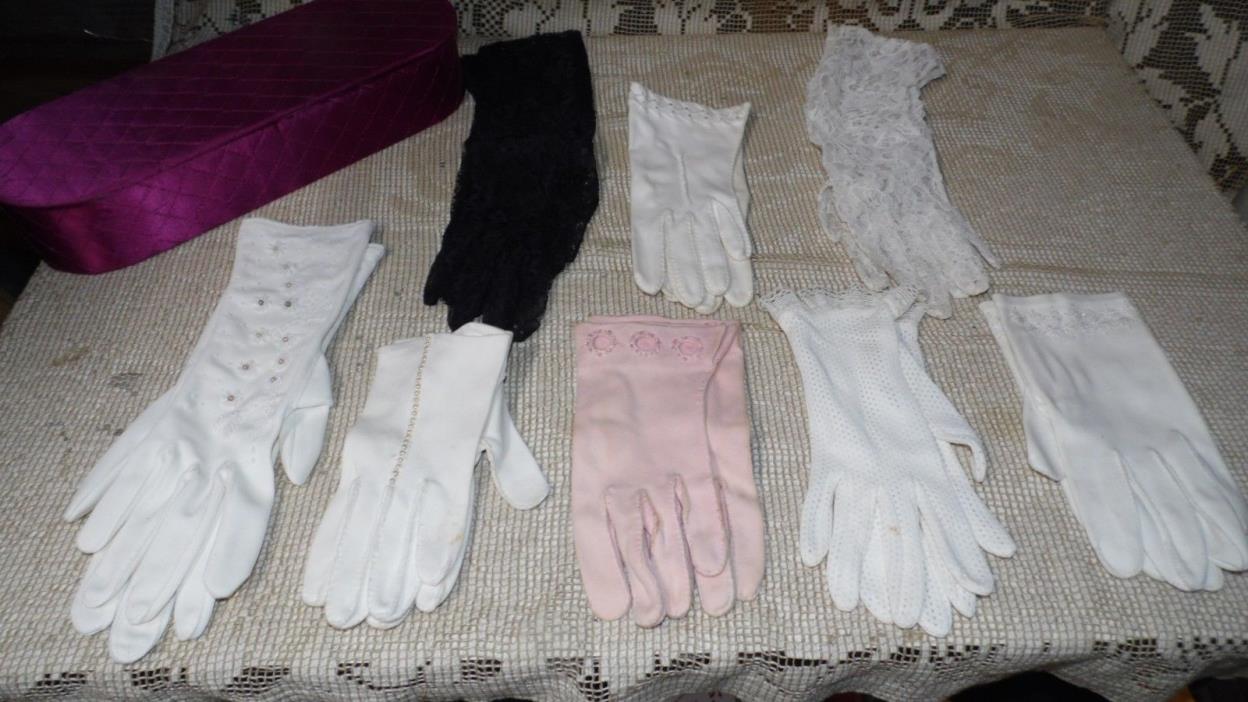 VTG LADIES GLOVES SETS OF 16 PC. BEADED FAUX PEARLS ALL SZ W/PURPLE GLOVE BOX