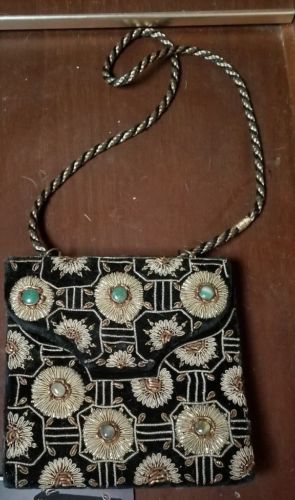 BEAUTIFUL VINTAGE BLACK VELVET PURSE WITH METAL EMBROIDERY MADE IN INDIA