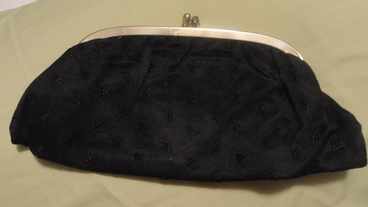 Vintage Black Satin w/ Design Evening Clutch Bag w/Kisslock Clasp (6766)