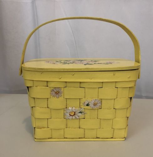 Vintage Hand Painted Yellow Wooden Purse With Decoupage Daisies