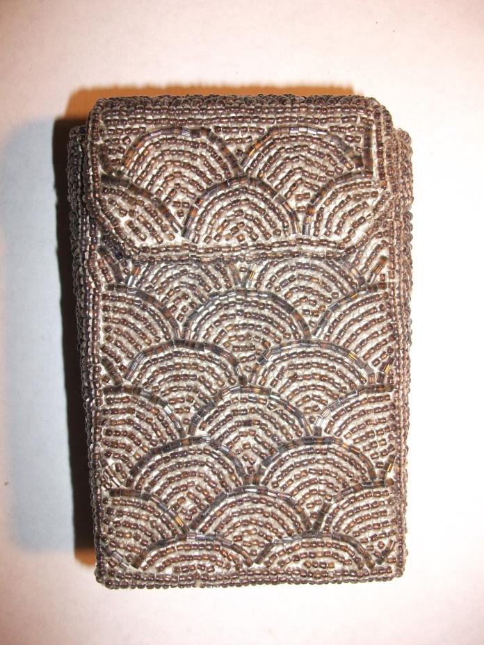VINTAGE ca. 50's, HAND SEWN & BEADED, SHORT CIGARETTE/LIPSTIC CASE, SILK LINED