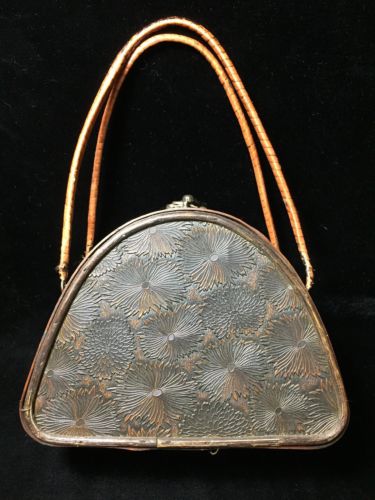 Vintage Wooden Handbag Metal Clasp Embossed Leather Exterior Wood Interior
