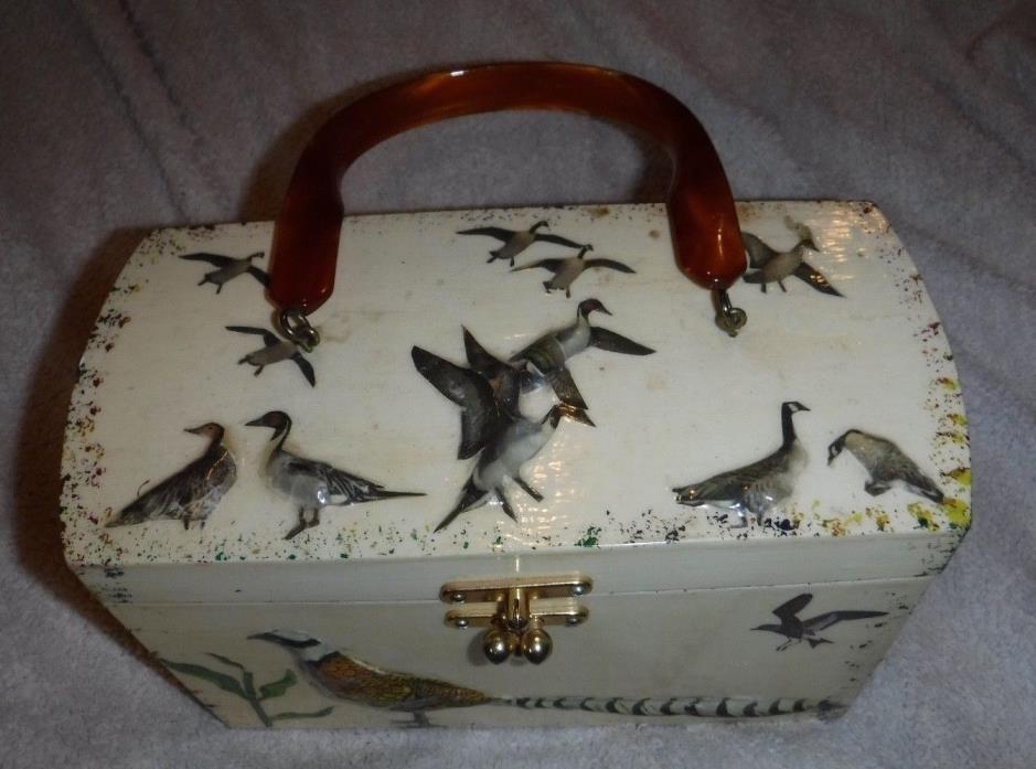 Vintage Retro 1950s Mid Century BIRD & ANIMAL 3D Decoupage Shellac Wooden Box