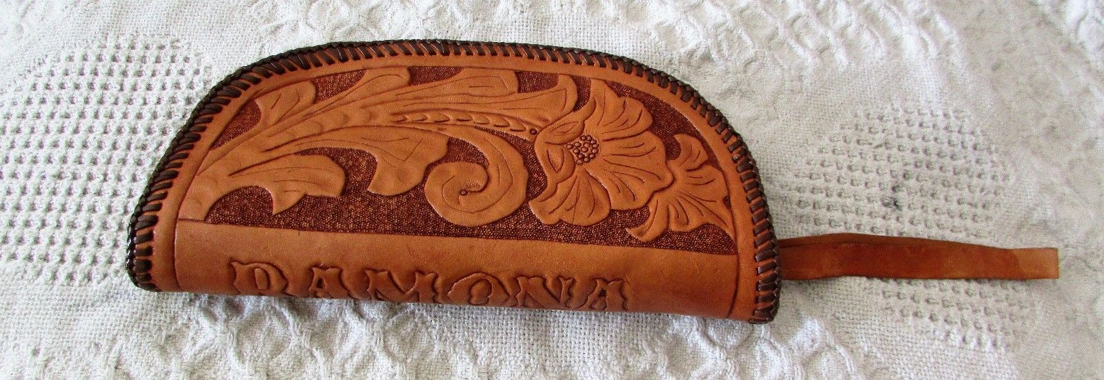 Vintage Hand Tooled Leather Embossed Stamped Wedge Clutch