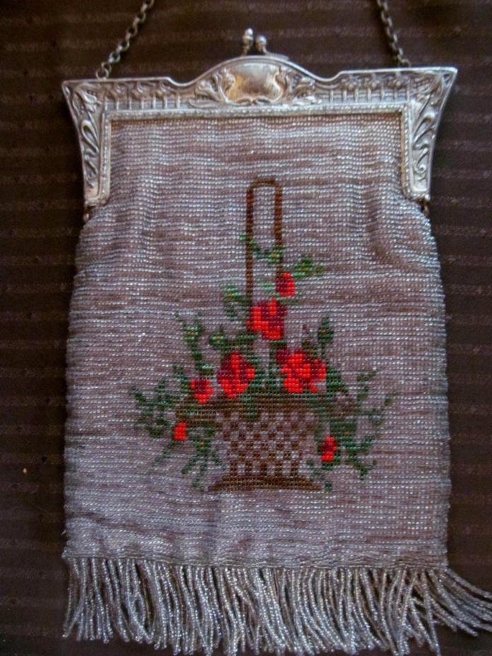 Antique Lrg Beaded Purse Bag Fringe Basket Roses~Ornate Frame Micro Glass Beads
