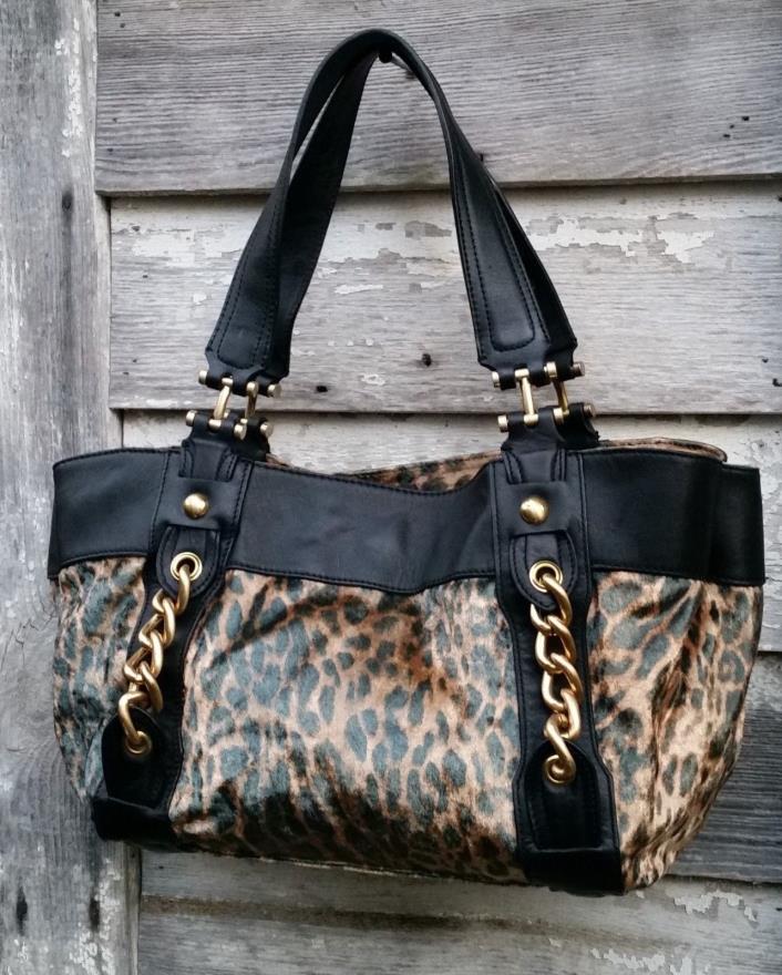 MAXXIMUM Leopard Print Velvet & Black Leather Tote SHOULDER Bag L XL (Offer)