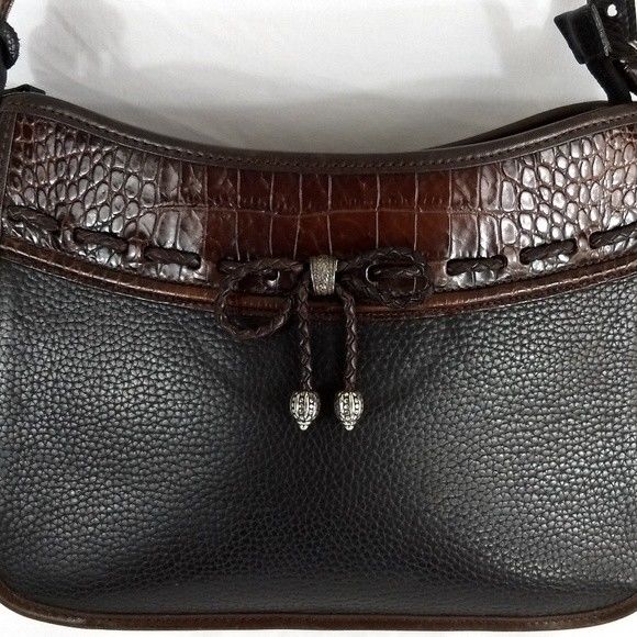 BRIGHTON VINTAGE PURSE BLACK BROWN PEBBLED LEATHER Reptile Accents 11X7X4