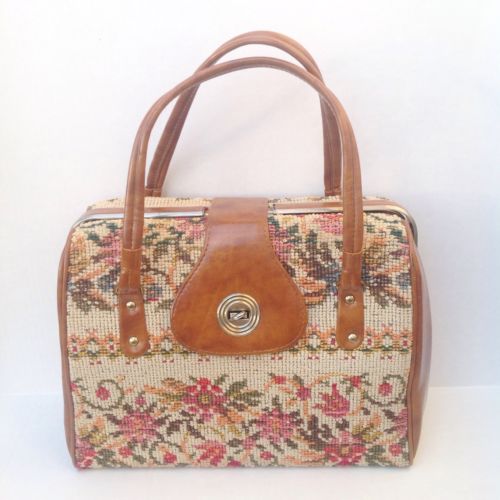 Vintage Floral Tapestry Carpet Bag Needlework Handbag Purse Bag 50s 60s