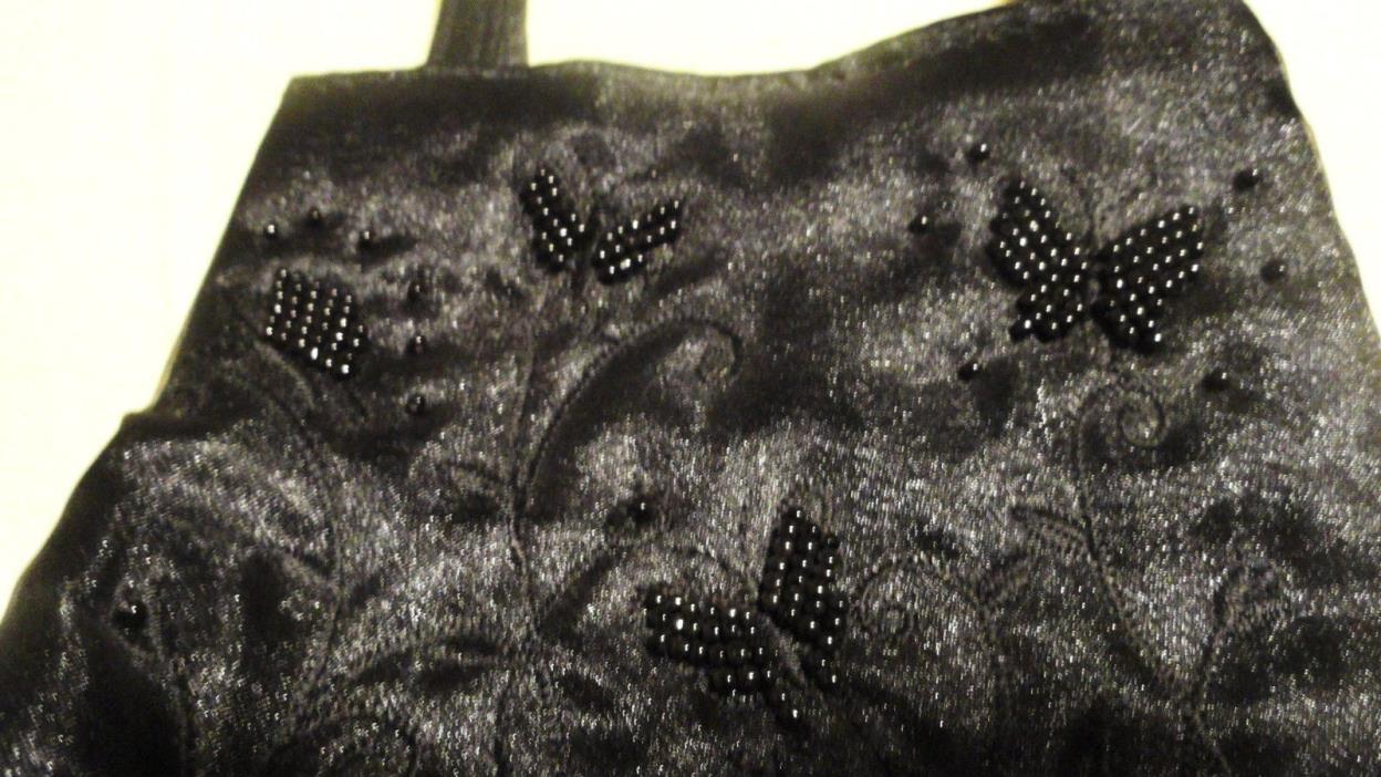 Vintage Black Satin w/Butterflies Small Evening Bag (6777)