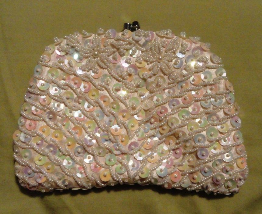 Beautiful Vintage Ivory Beaded Clutch Evening Bag (6775)